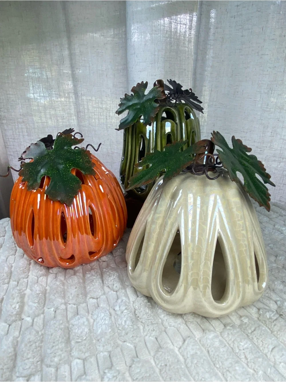 Vintage Iridescent Ceramic Pumpkin Luminary Set 3 Light Up Fall